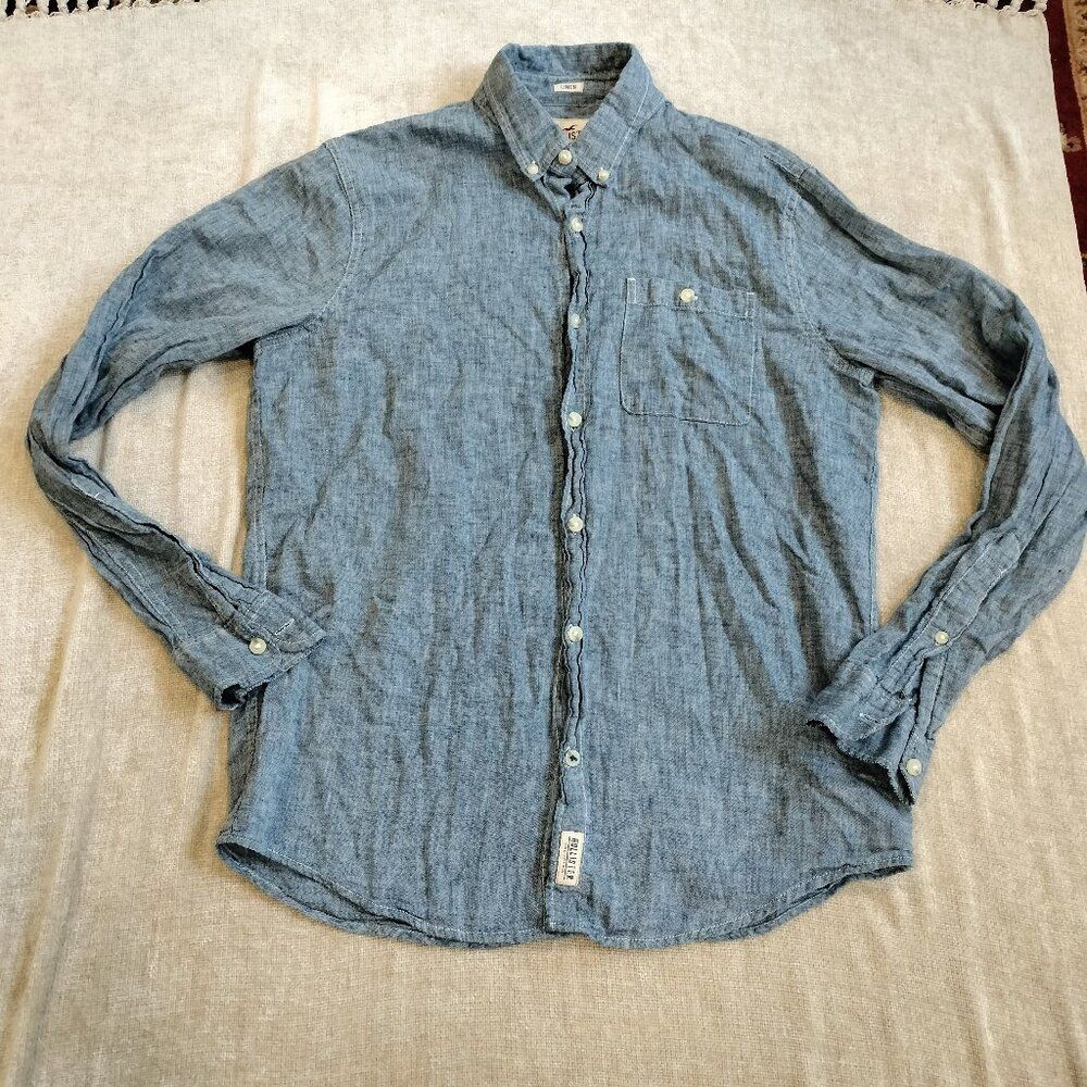 Hollister Linen Button Down Blue Long Sleeve Shirt Size Large
